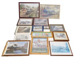 A quantity of prints, each relating to locomotives and railways, to include Crossing Brayford Wharf,