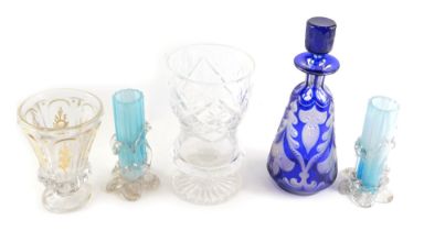 A late 19thC Bohemian blue flash spirit decanter and stopper, decorated with design of leaves and sc