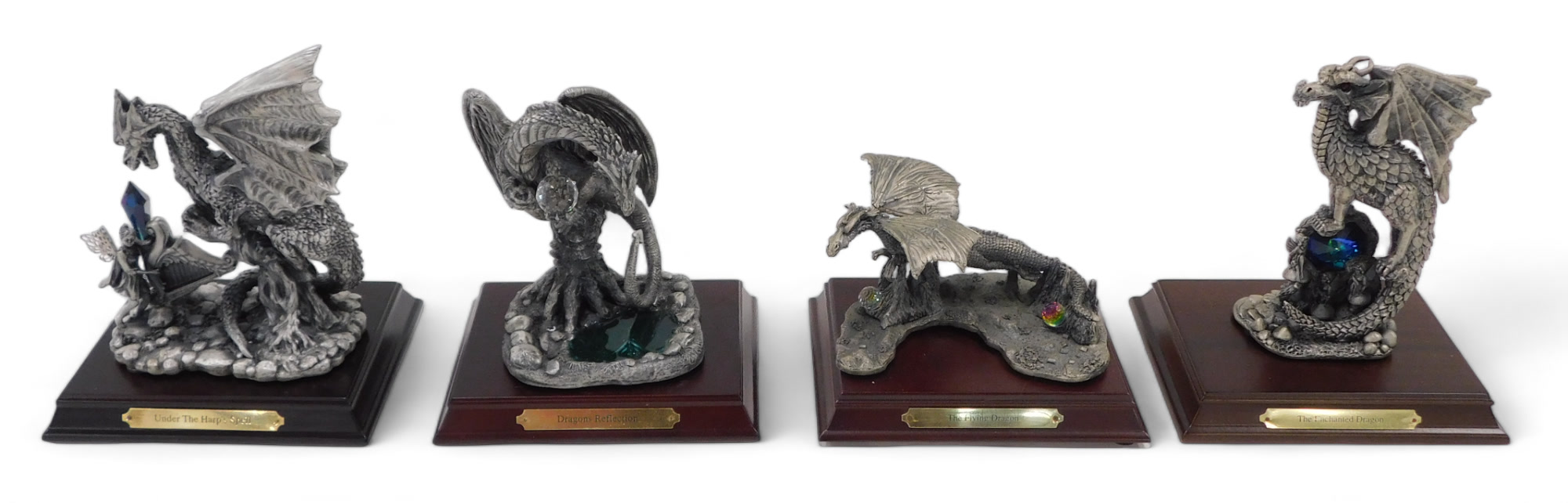 Four Tudor Mint Myth and Magic Pewter figures, to include Dragons Reflection, Under the Harp's Spell