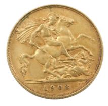 An Edward VII half gold sovereign, dated 1908.