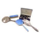 A silver backed hand mirror and brush etc., including a hand silver mirror and brush with blue ename