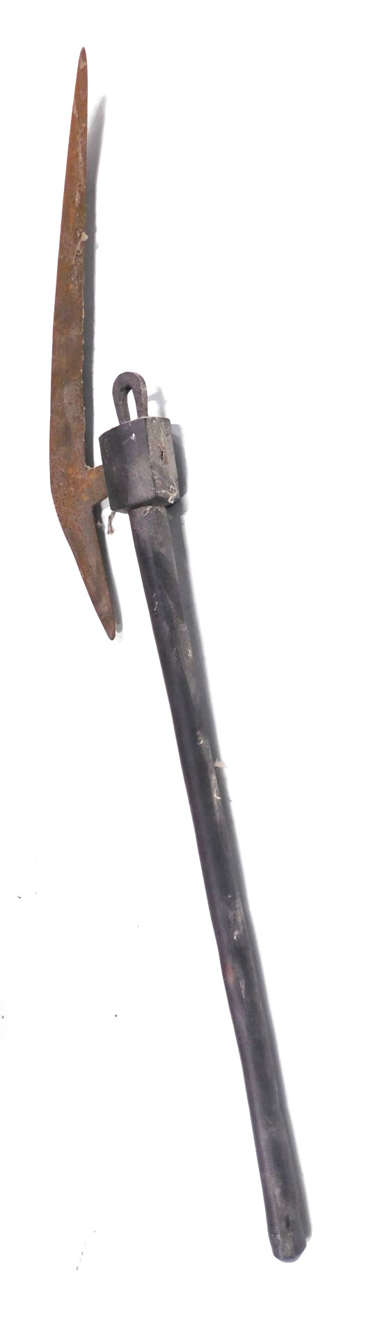 Tribal art. An African axe, with elongated blade, mounted on wooden handle, 77cm high. (AF)