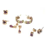 Four pairs of 9ct gold earrings, comprising a pair of 9ct gold amethyst and peridot set hoop earring