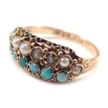 An 18ct gold turquoise and seed pearl dress ring, of two panelled design with raised scroll shoulder