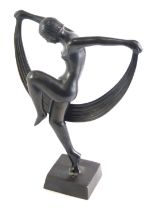 An Art Deco style bronze figure of a dancer, on a square base, unmarked, 25cm high.