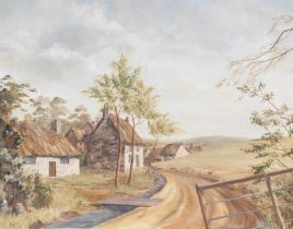 Pilbrow. Landscape with cottages, oil on canvas, 70cm x 90cm.