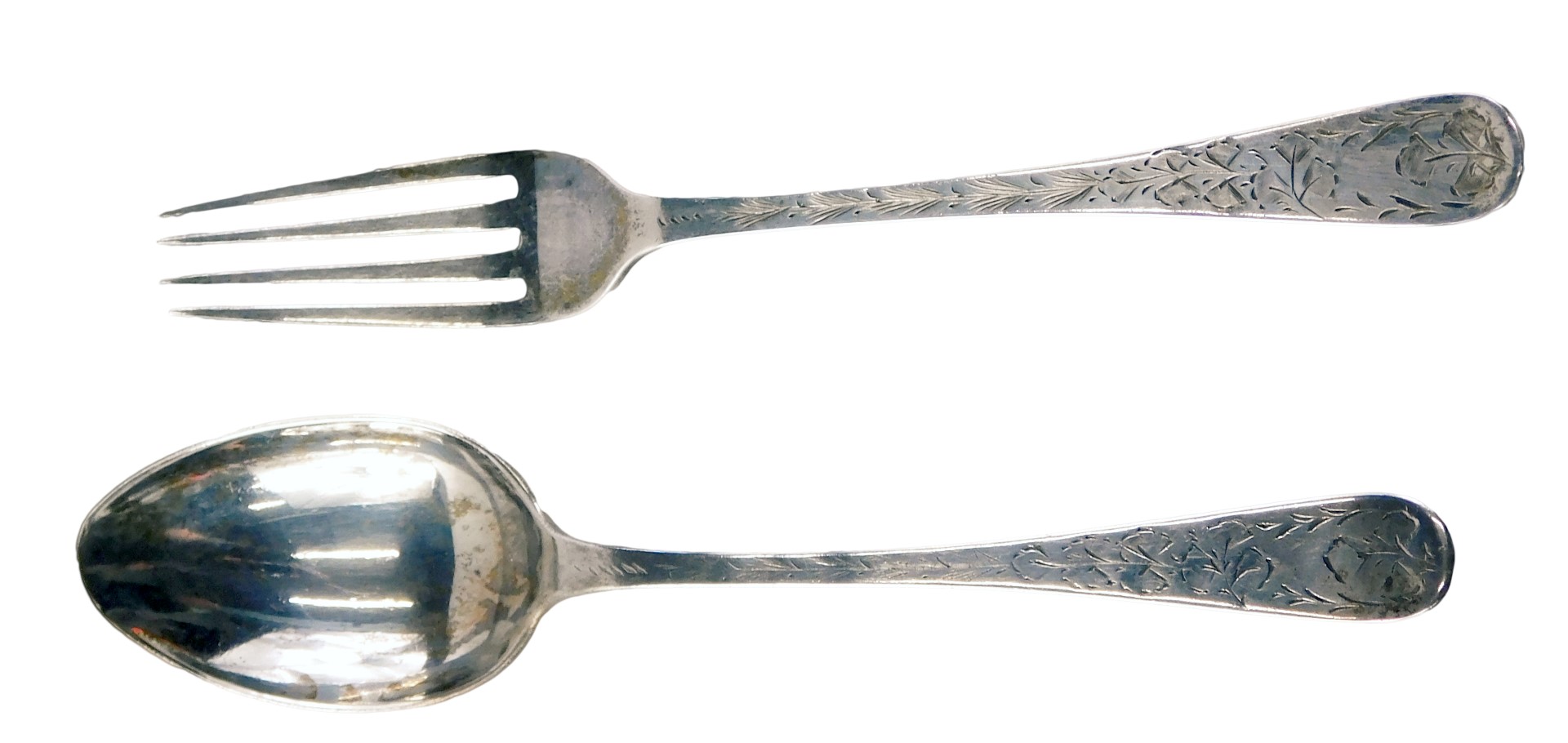 A George V silver spoon and fork christening set, with engraved foliate decoration, Sheffield 1920,