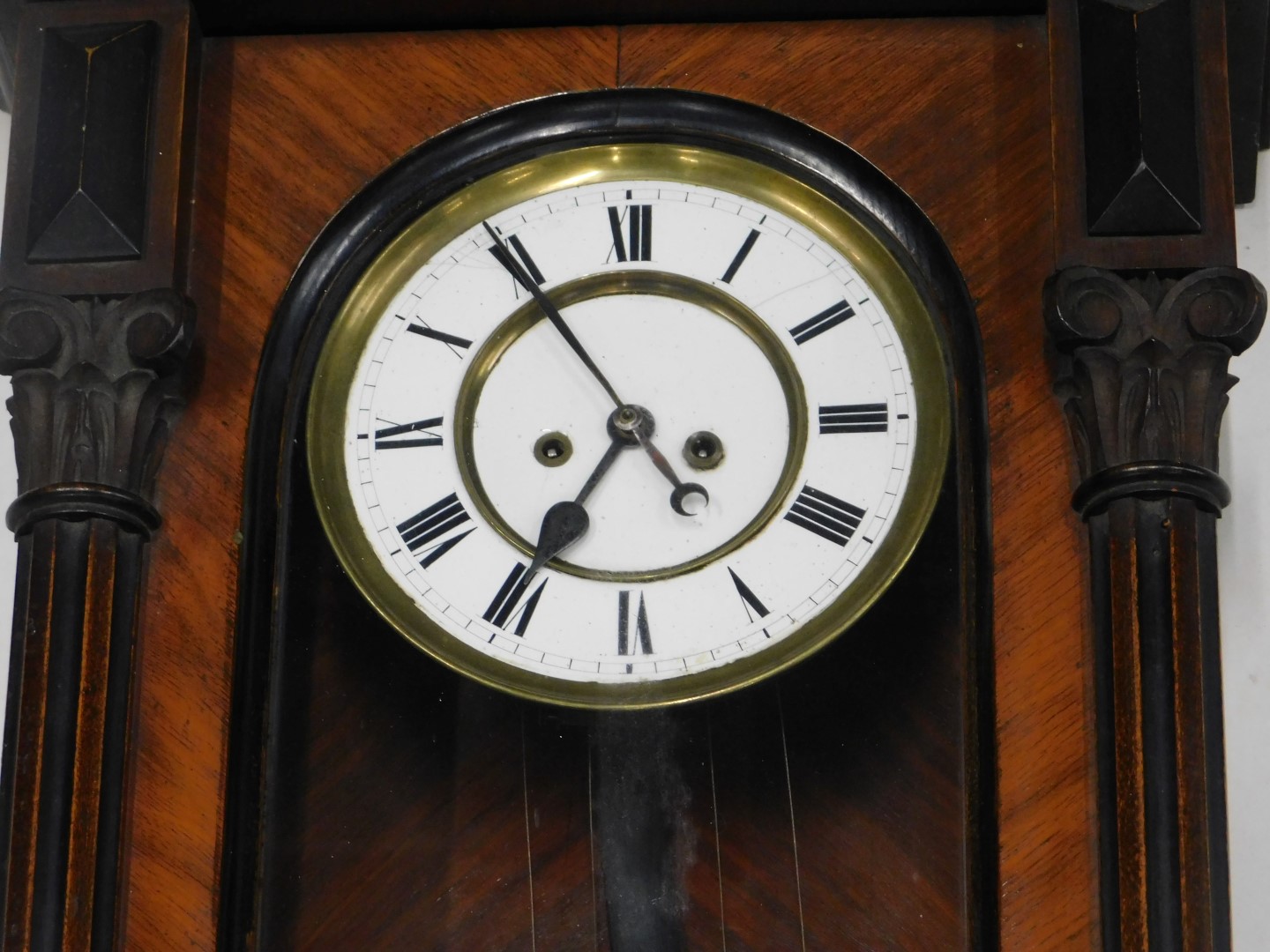 A late 19th/early 20thC Vienna wall clock, in rosewood and ebonised case with eagle crest, turned fi - Image 2 of 4