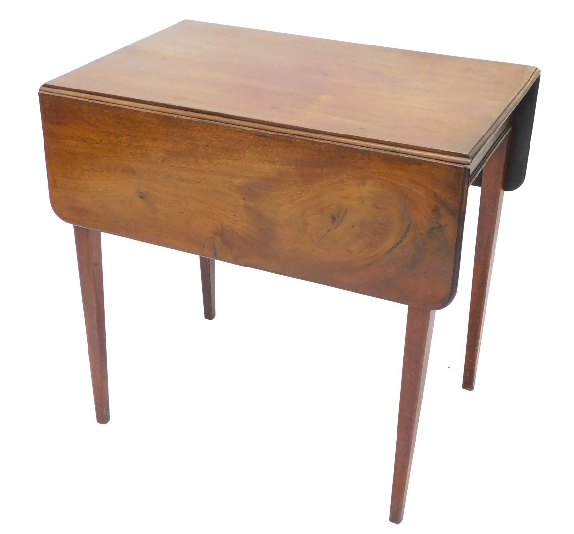 An early 19thC mahogany Pembroke table, the rectangular top with rounded corners and a moulded edge,