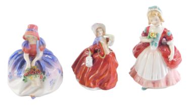 Three Royal Doulton small figures, comprising Valerie, Monica, and Autumn Breezes. (3)