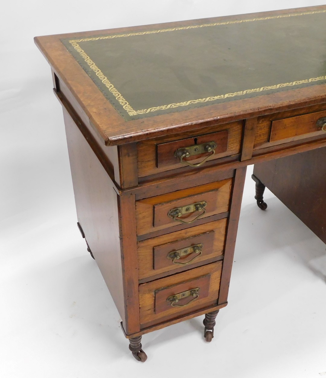 A Victorian ash and mahogany pedestal desk, the rectangular top inset with green leatherette, above - Image 3 of 3