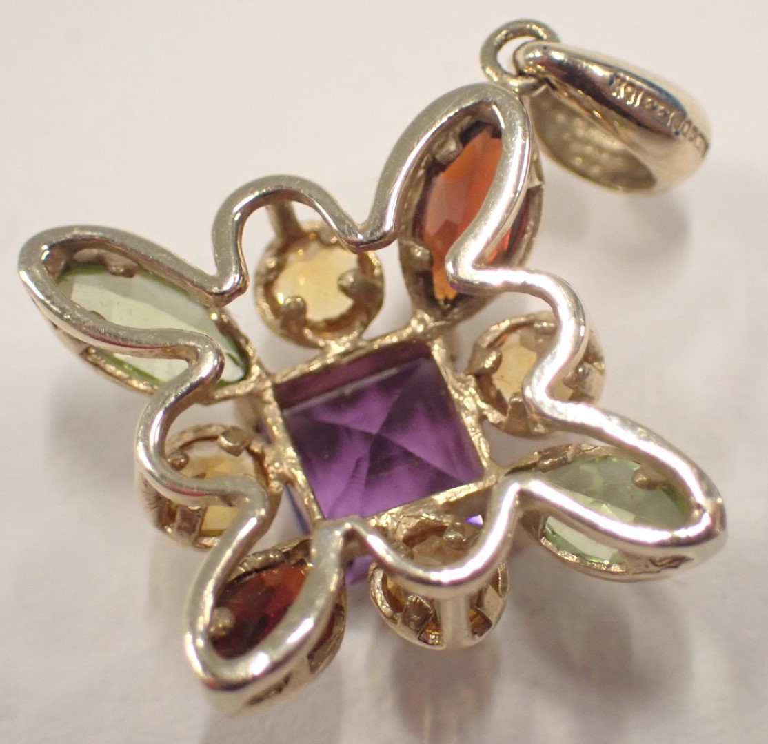 A cluster pendant, with central square cut amethyst, surrounded by four citrines and two peridot and - Image 2 of 2