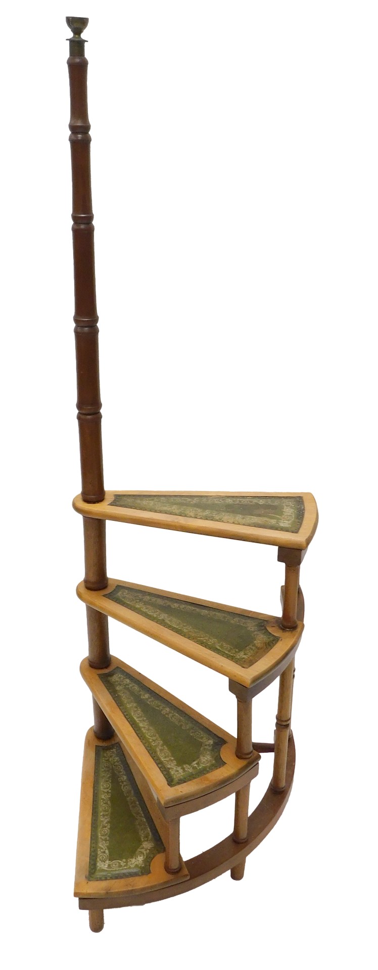A set of mahogany library steps, with turned supports and three green leather mounted treads, 154cm