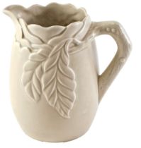 A Clarice Cliff jug, moulded in relief with leaves, on a beige ground, printed marks in brown to und