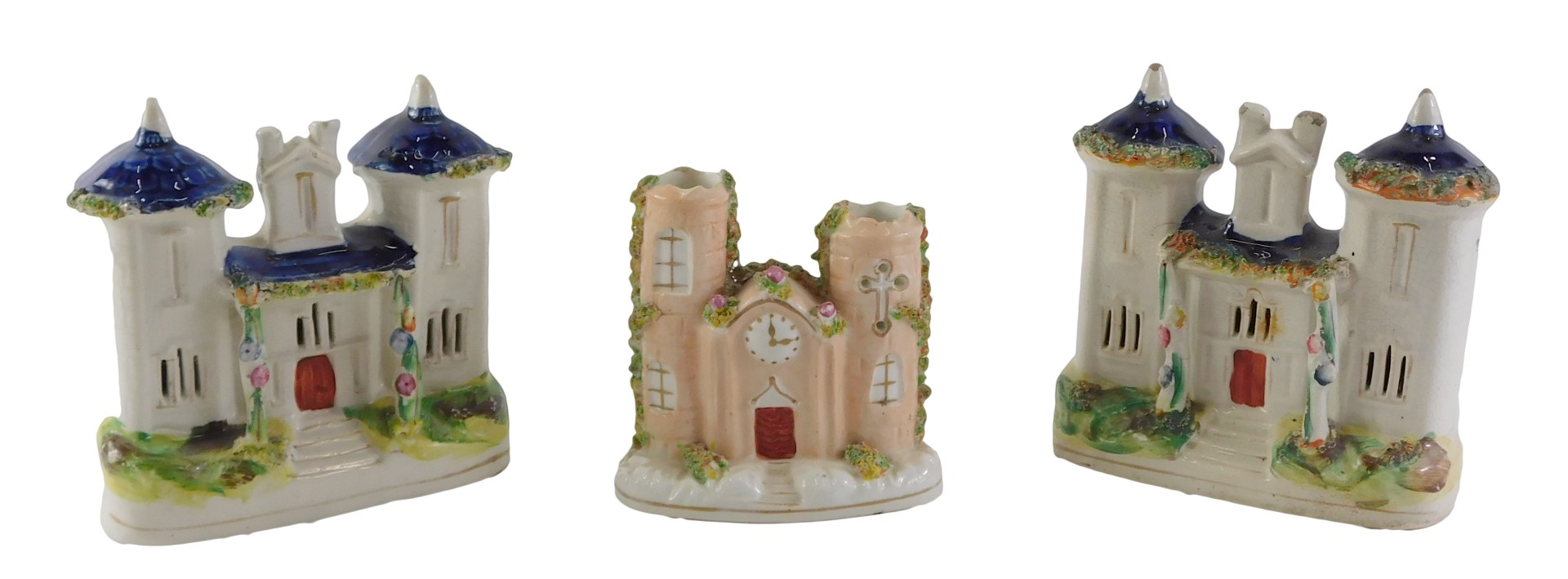 Two similar 19thC Staffordshire cottages, each with blue roofs, 15cm wide, and a further Staffordshi
