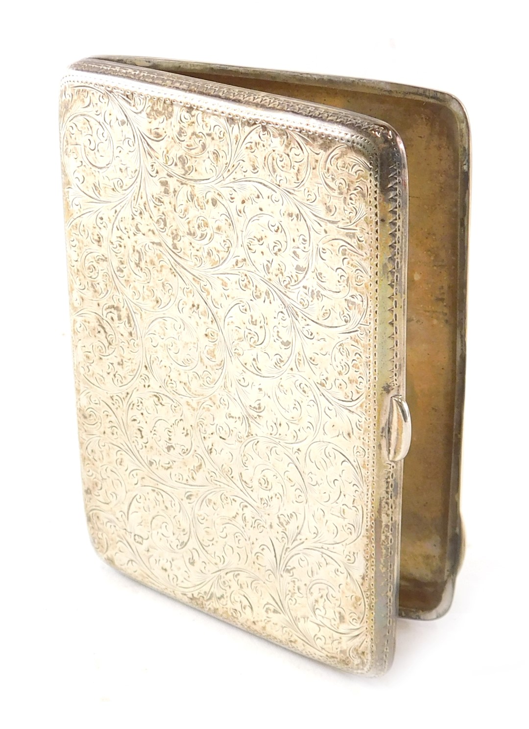 A silver cigarette case, with engraved foliate scroll decoration, hallmarks for Sheffield indistinct
