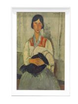 After Amadeo Modigliani. Gypsy woman with baby, coloured print, 61cm x 36cm.