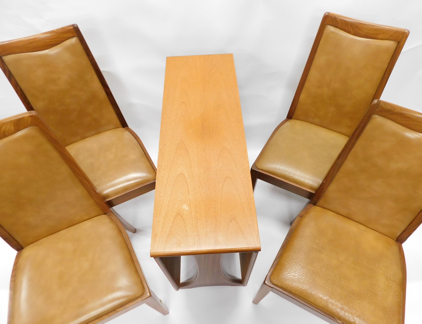A G-Plan teak drop leaf table, on end supports, and four chairs, each with brown leather backs and s - Image 2 of 4