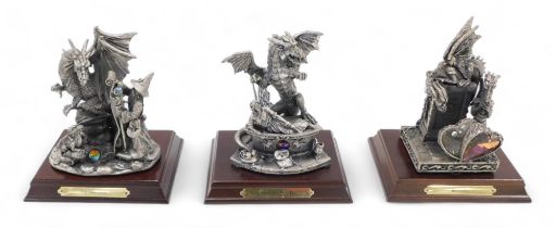 Three Tudor Mint Myth and Magic pewter figures, to include The Taskmaster, Bewitched, etc., boxed.