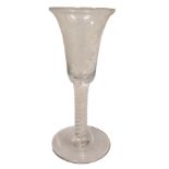 An 18thC wine glass, the tapering bowl engraved with grapes and vines, with an opaque twist stem and