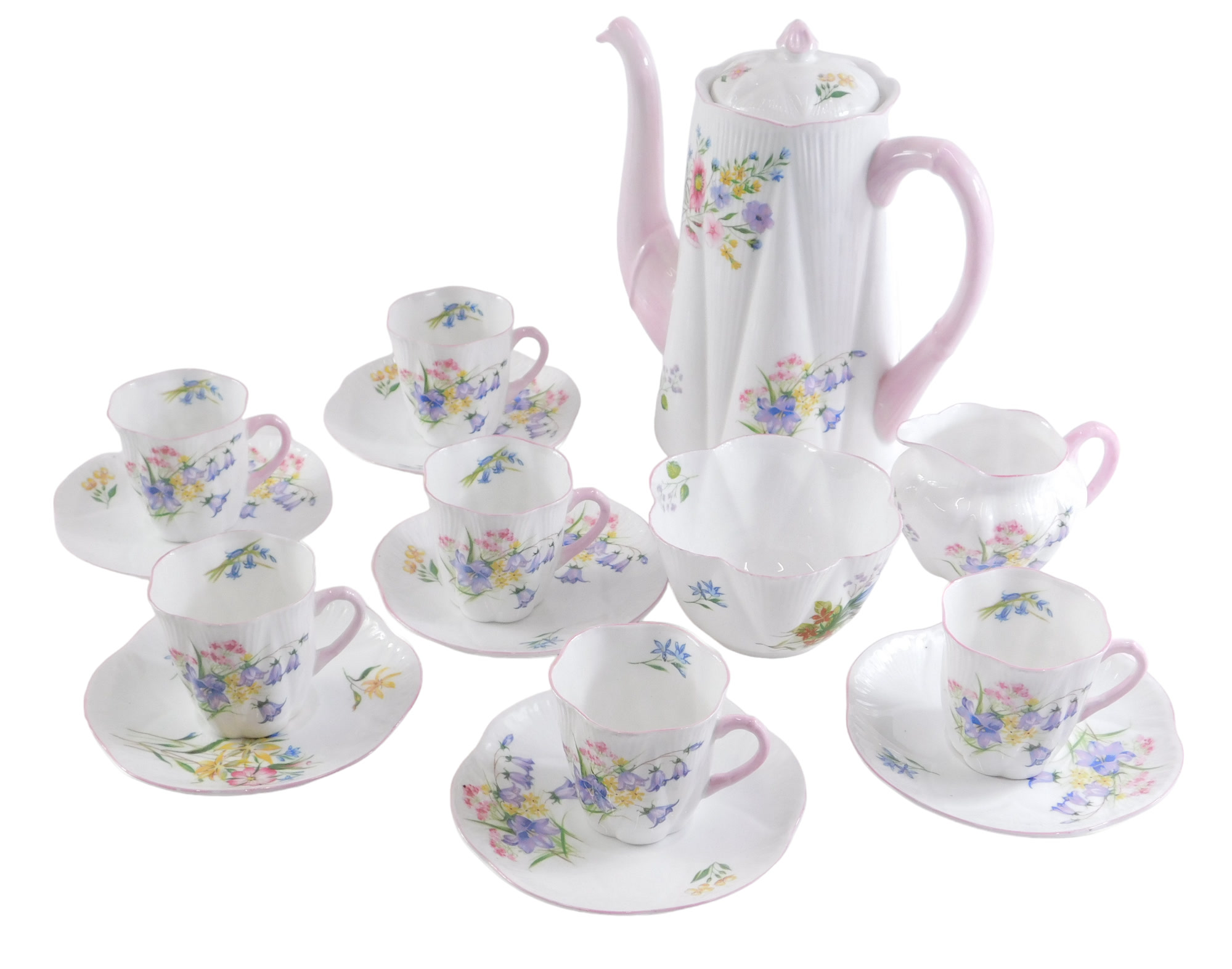 A Shelley Wild Flowers pattern coffee service, with cream floral ground with pink border, comprising