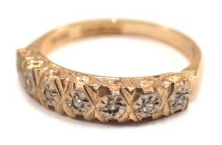 A 9ct gold half hoop dress ring, of cross design with illusion set tiny diamonds, ring size N, 2.4g