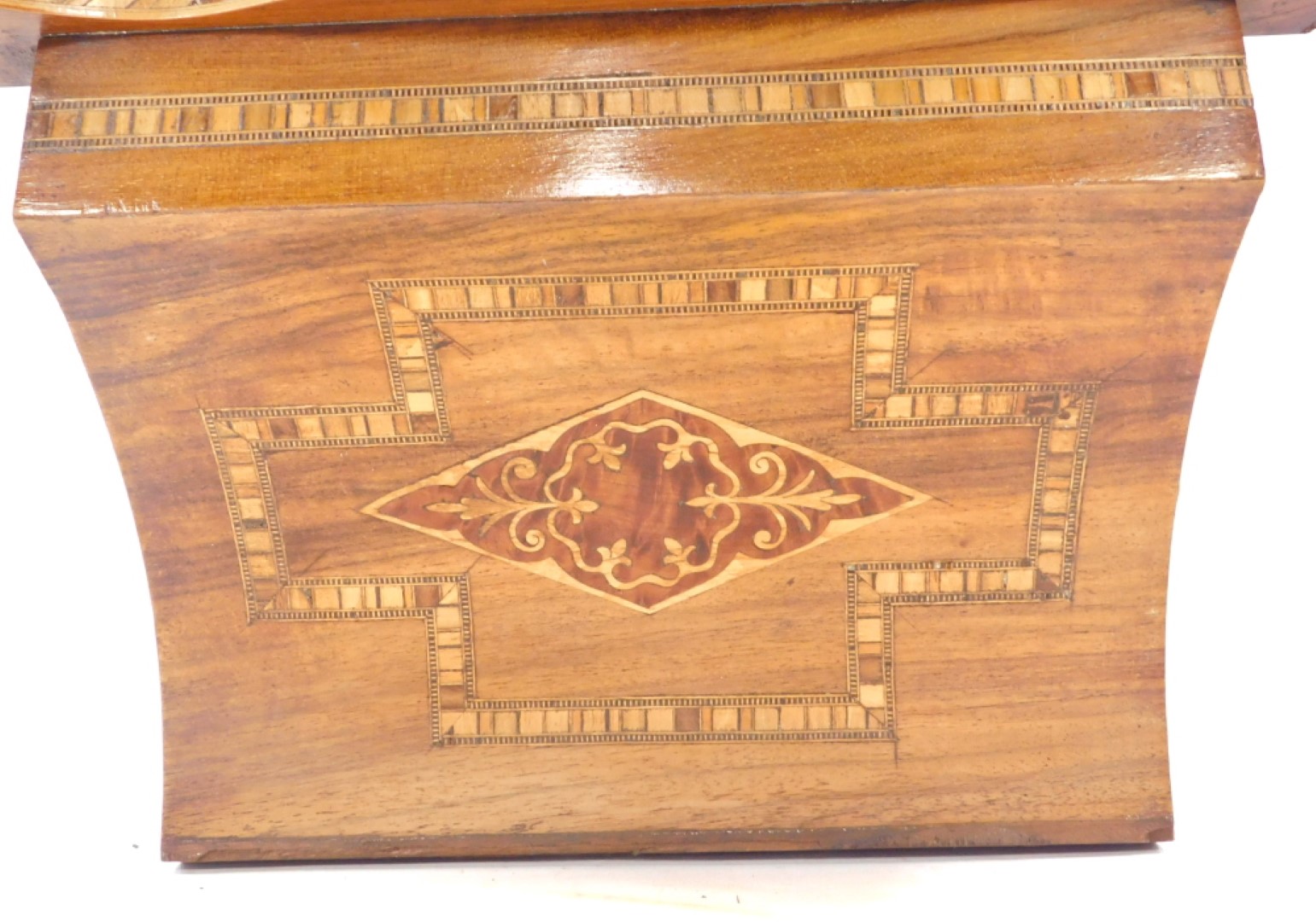 A late 19thC American walnut and parquetry wall clock, with painted dial, 86cm high. - Image 3 of 3