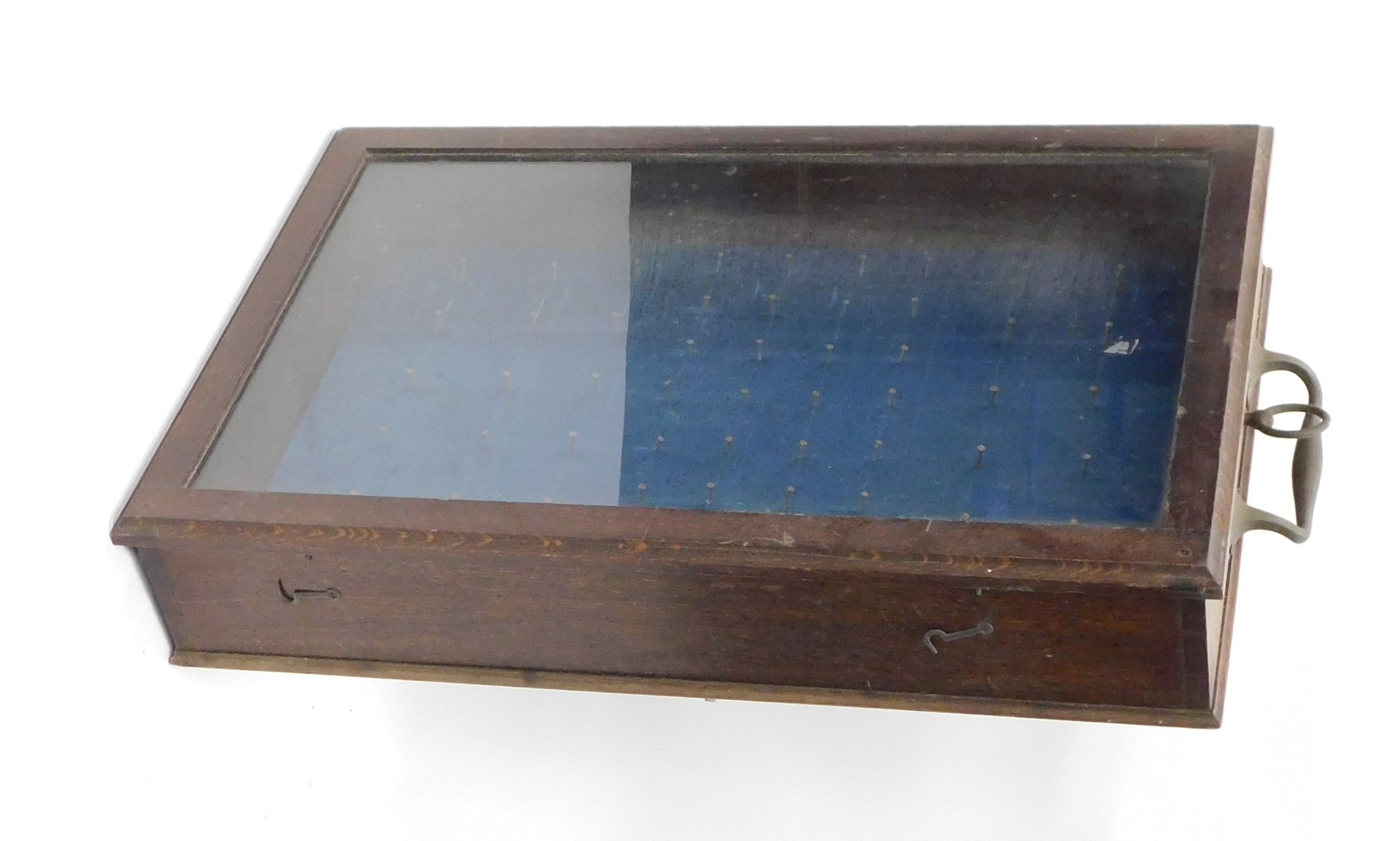 An oak glazed display case, with large brass handle to one end, 80cm x 52cm. - Image 2 of 2