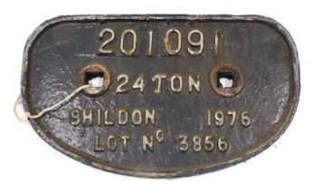A cast iron railway plaque, numbered 201091, twenty four ton Shildon 1976 Lot No. 3856, 28cm wide.