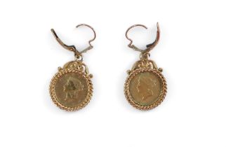 A pair of American one dollar earrings, each in dated 1853, in a clip yellow metal mount stamped 9ct