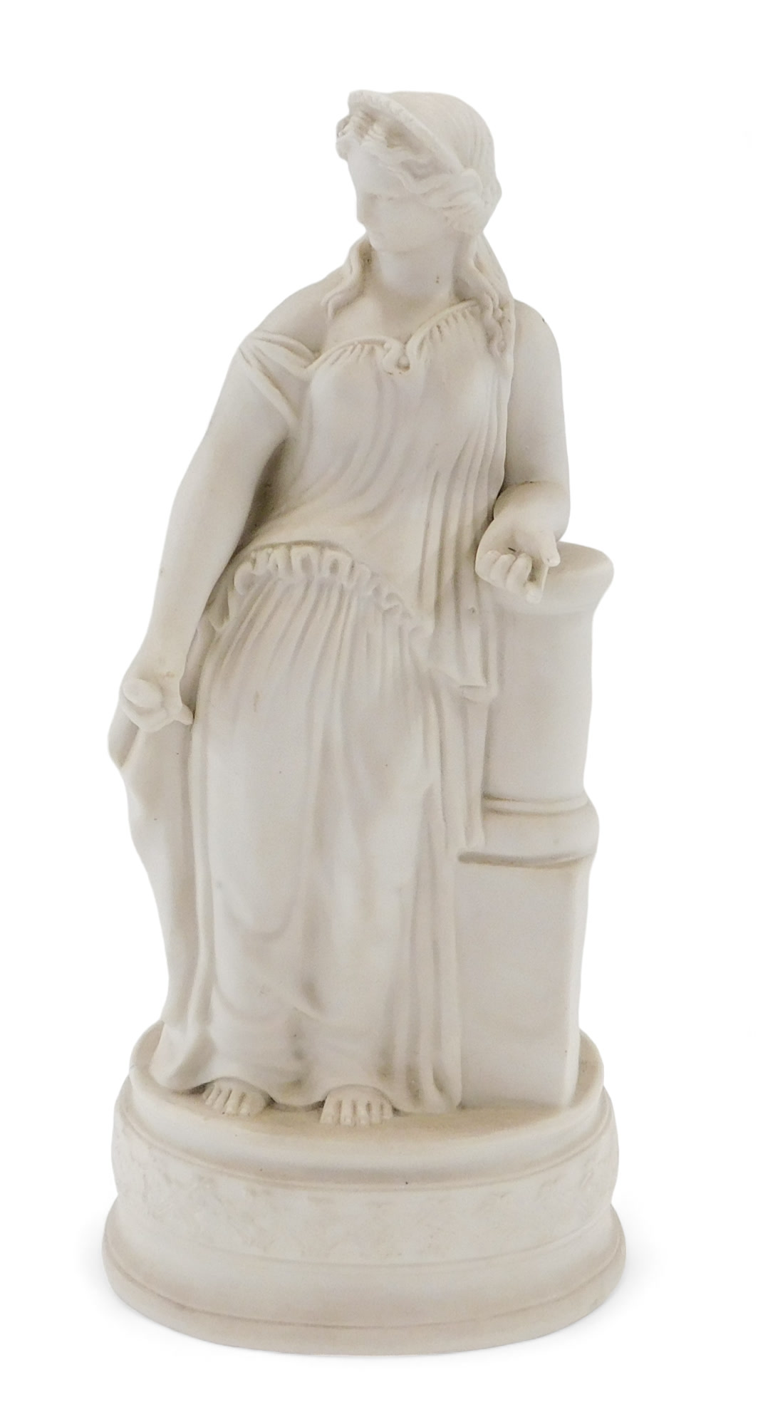 A 19thC Parian figure of a Neoclassical lady, on oval base, unmarked, 34cm high.
