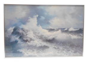 After E Galini. Choppy seas with seagulls, coloured print, 60cm x 89cm.