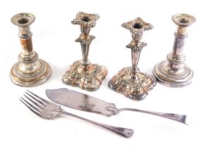 19thC Sheffield plated telescopic candlesticks, 17cm high, another pair of plated candlesticks,