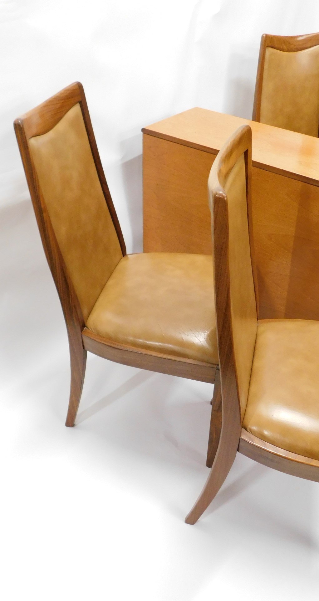 A G-Plan teak drop leaf table, on end supports, and four chairs, each with brown leather backs and s - Image 3 of 4