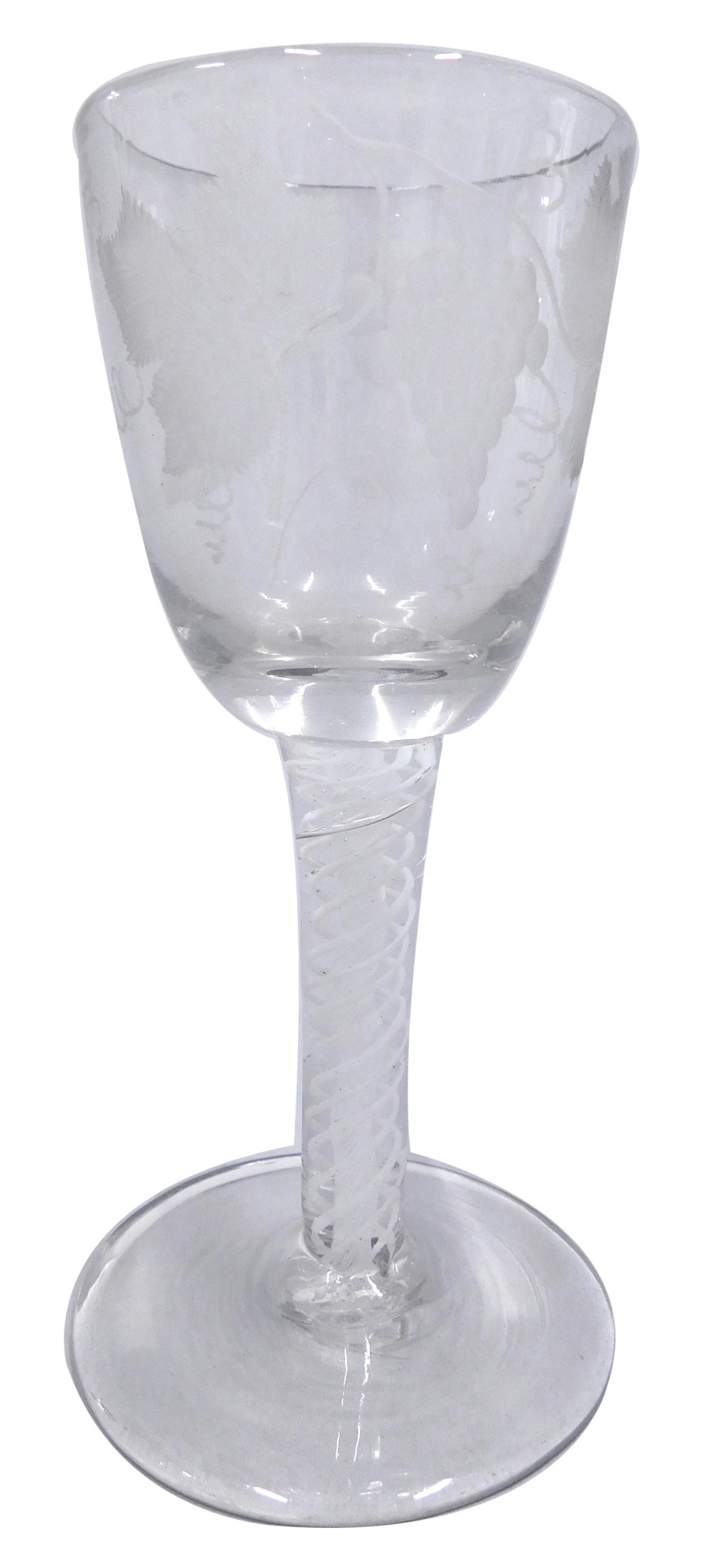 An 18thC wine glass, the bell shaped bowl engraved with grapes and vines, with an opaque twist stem