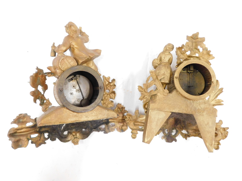 Two late 19th/early 20thC French gilt metal figural mantel clocks, each with a white enamel dial, bo - Image 2 of 2