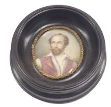 19thC School. A portrait miniature of a gentleman with a moustache in linen dress, painted on paper,