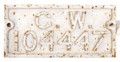 A Great Western Railway cast iron plate, numbered 104447, 31cm wide.