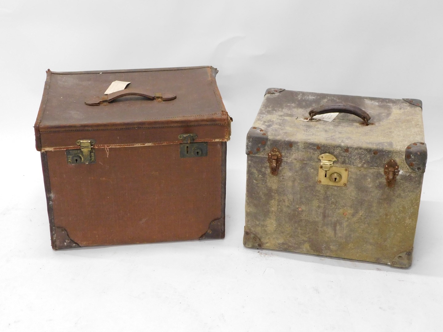 A canvas and leather vintage trunk, with label for Flaxite, 46cm wide, and another canvas and leathe - Image 2 of 2