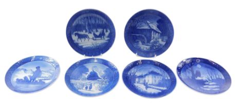 A collection of six Royal Copenhagen blue and white calendar plates, various dates, 18cm diameter.