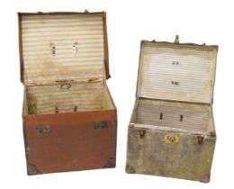 A canvas and leather vintage trunk, with label for Flaxite, 46cm wide, and another canvas and leathe