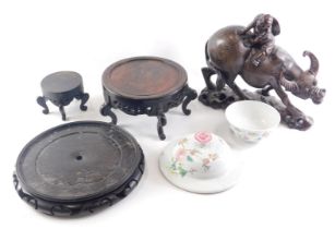 Oriental items, to include a buffalo figure with metallic inlay, 30cm wide, a porcelain lid, two sta