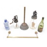 Miscellaneous bygones, to include a butter churn, brass handled, brass rail, etc.