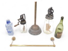 Miscellaneous bygones, to include a butter churn, brass handled, brass rail, etc.