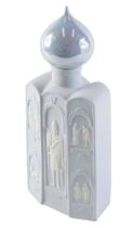 A 20thC Russian Jasperware type decanter and stopper, on a pale blue ground, of turreted form and wh