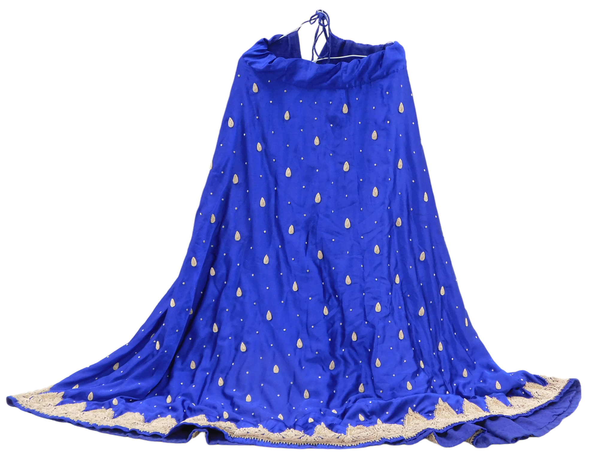 A blue satin ladies dress, embroidered with silver thread.