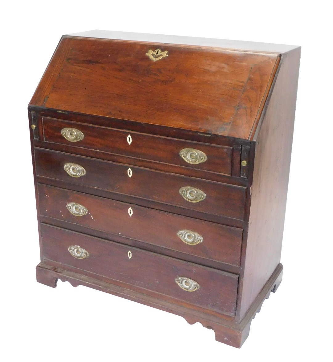 A George III oak bureau, the fall enclosing a fitted interior above four graduated drawers with oval