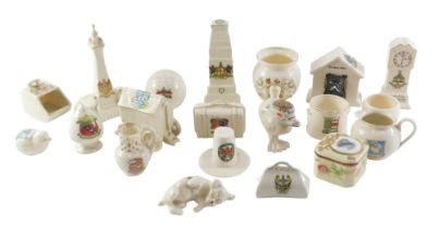A quantity of crested china, to include Blackpool tower, ancient monument, leather bag, black watch