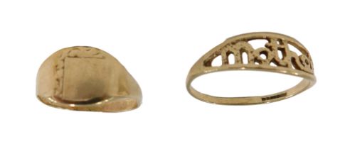 Two dress rings, comprising a 9ct gold signet ring, with floral engraved panel, ring size K, and a M