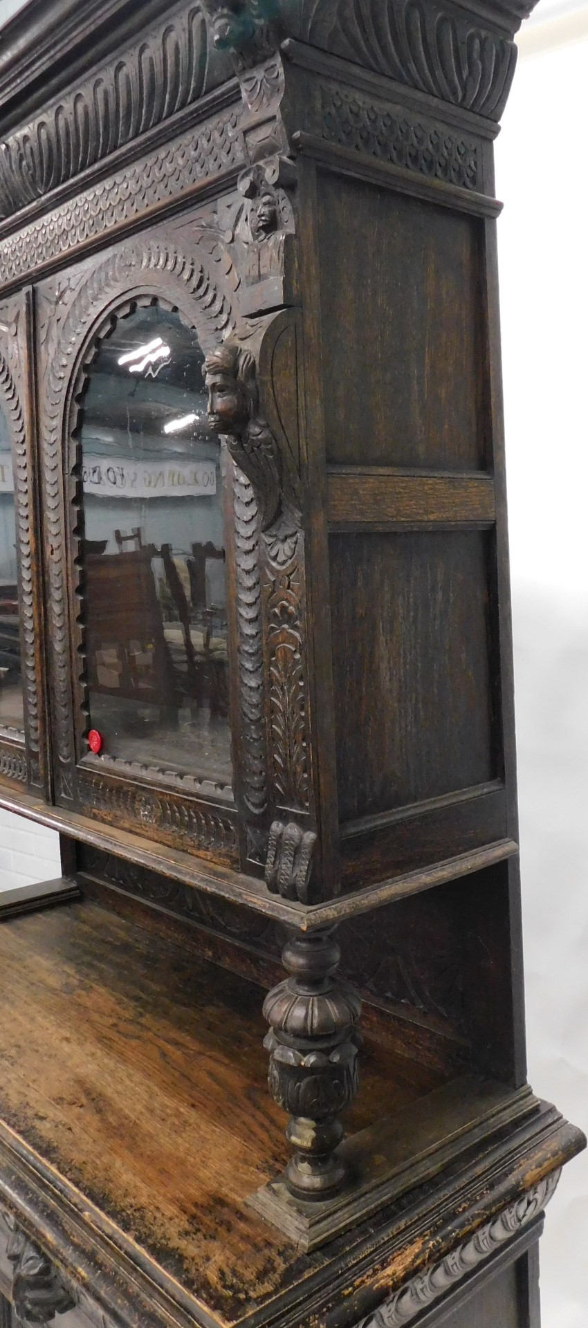 A late 19thC Flemish style ebonised oak cabinet, the top with a moulded cornice above gadrooned frie - Image 3 of 6